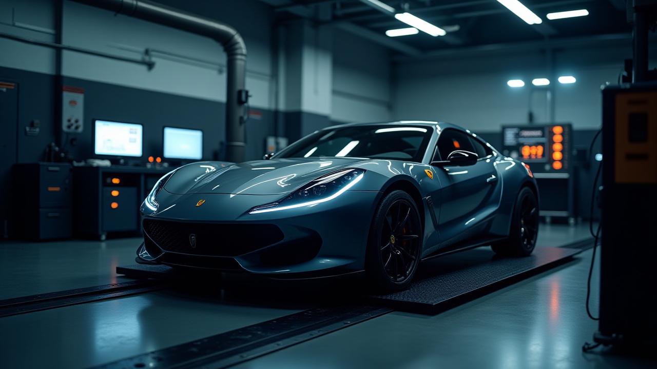 Modernes Leistungsprüfstand-Zentrum in einer sauberen Werkstatt von Alpenglow Studio, mit einem sportlichen Fahrzeug darauf